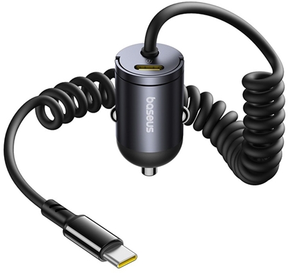 Attēls no adowarka Baseus adowarka samochodowa USB-C z wbudowanym spiralnym kablem USB-C 30W - czarna adowarka samochodowa USB-C z wbudowanym spiralnym kablem USB-C 30W - czarna