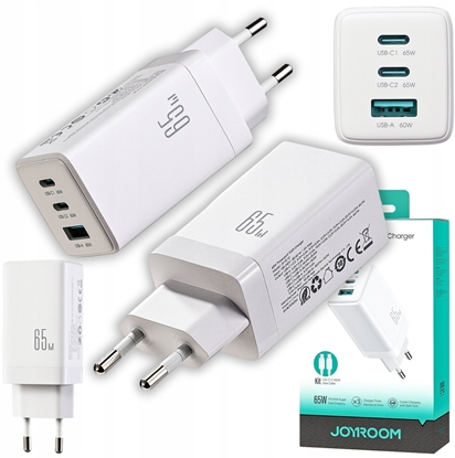 Attēls no adowarka Joyroom adowarka sieciowa Joyroom JR-TG10 65W GaN 2x USB-C + USB-A z kablem 100W USB-C - USB-C 1.2m - biaa
