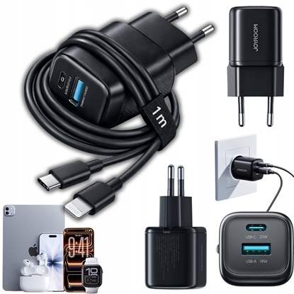 Attēls no adowarka Joyroom adowarka sieciowa Joyroom JR-TG7 33W USB-A + USB-C z kablem 30W USB-C - Lightning 1m - czarna