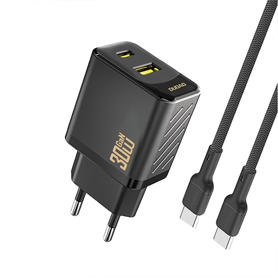 Picture of adowarka sieciowa USB-A USB-C z kablem USB-C GaN PD 30W - czarna adowarka sieciowa USB-A USB-C z kablem USB-C GaN PD 30W - czarna