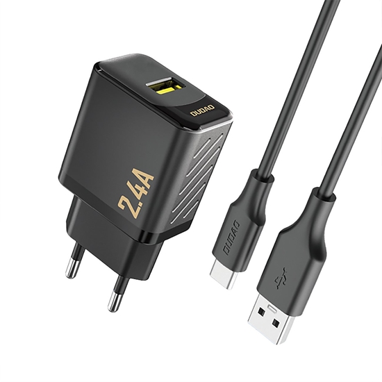 Picture of adowarka sieciowa USB-A z kablem USB-A - USB-C 2.4A GaN - czarna adowarka sieciowa USB-A z kablem USB-A - USB-C 2.4A GaN - czarna