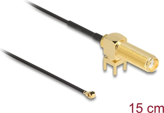 Picture of Delock Antenna Cable SMA 90° PCB jack bulkhead to I-PEX Inc., MHF® I plug 1.13 15 cm thread length 15 mm