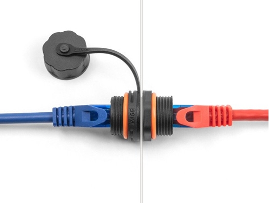 Picture of Delock Cable Connector RJ45 jack to RJ45 jack Cat.6A with M20 thread and protective cap IP68 dust and waterproof