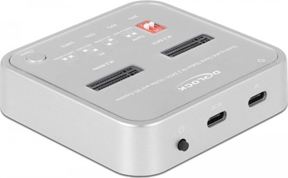 Attēls no Delock Docking Station for 1 x M.2 NVMe SSD + 1 x M.2 SATA SSD with SD Express (SD 7.1) Card Reader and Clone Function