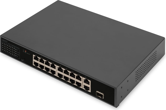 Picture of Digitus 16-Port Fast Ethernet PoE Networkswitch, 19 Zoll, unmanaged, 2+1 Uplink Ports, RJ45 + SFP, 185 W, af/at