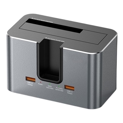 Attēls no Dual Bay Docking Station, M.2 SATA/ NVME, 2.5"/3.5" SSD/HDD, 2x USB-A, USB-C