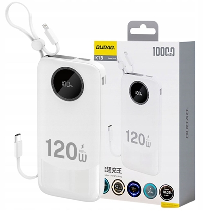 Attēls no Dudao 120W fast charge built-in cable digital display 10000mAh White
