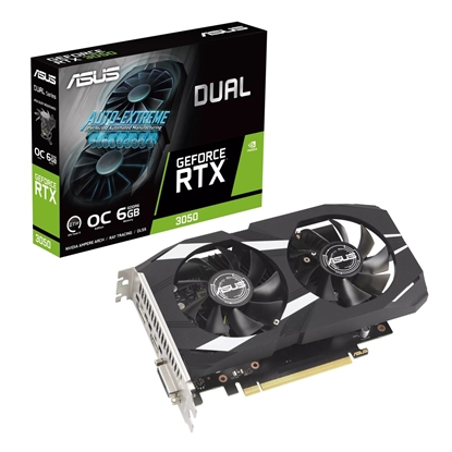 Attēls no Graphics Card|ASUS|NVIDIA GeForce RTX 3050|6 GB|GDDR6|96 bit|PCIE 4.0 16x|Dual Slot Fansink|1xDVI-D|1xHDMI|1xDisplayPort|DUAL-RTX3050-O6G