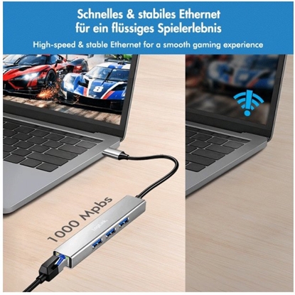 Attēls no HUB USB3.2 3xUSB-A, 1x RJ45 Gigabit Ethernet 