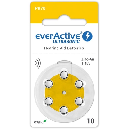 Attēls no Izmērs 10, Dzirdes Aparāta Baterija, 1.45V everActive Zn-Air PR70 iepakojumā 6 gb.