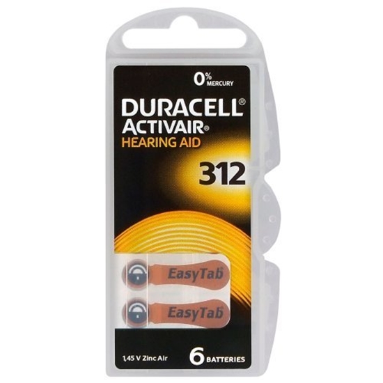 Изображение Izmērs 312, Dzirdes Aparāta Baterija, 1.45V Duracell Zn-Air PR41 iepakojumā 6 gb.