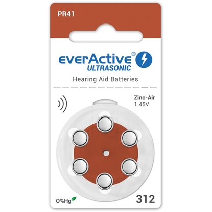 Изображение Izmērs 312, Dzirdes Aparāta Baterija, 1.45V everActive Zn-Air PR41 iepakojumā 6 gb.