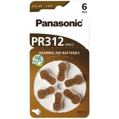 Изображение Izmērs 312, Dzirdes Aparāta Baterija, Panasonic Zn-Air PR41 iepakojumā 6 gb.