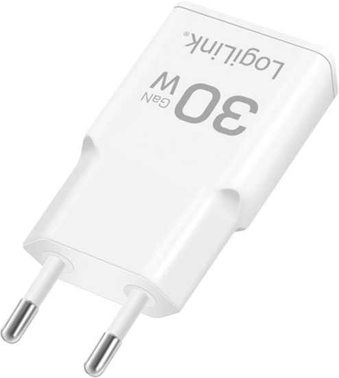 Picture of LogiLink USB Wall Charger, GaN, 2port, USB-AF & USB-CF, PD 30W, slim, white