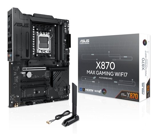 Picture of Mainboard|ASUS|AMD X870|SAM5|ATX|Memory DDR5|Memory slots 4|1xPCI-Express 3.0 16x|2xPCI-Express 4.0 16x|1xPCI-Express 5.0 16x|3xM.2|1xHDMI|4xUSB 2.0|4xUSB 3.2|2xUSB-C|1xRJ45|3xAudio port|X870MAXGAMINGWIFI7