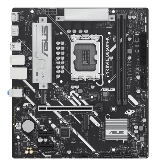 Picture of Mainboard|ASUS|Intel B860 Express|LGA1851|Micro-ATX|Memory DDR5|Memory slots 2|2xPCI-Express 4.0 1x|1xPCI-Express 4.0 16x|2xM.2|1xHDMI|1xDisplayPort|1xAudio-In|1xAudio-Out|1xMicrophone|3xUSB 2.0|2xUSB 3.0|1xUSB 3.2|1xPS/2|1xRJ45|PRIMEB860M-K