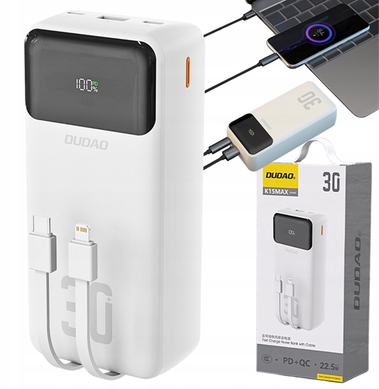 Picture of Dudao K15Max 30000mAh PD 22.5W Powerbank with USB-C and Lightning Cables White
