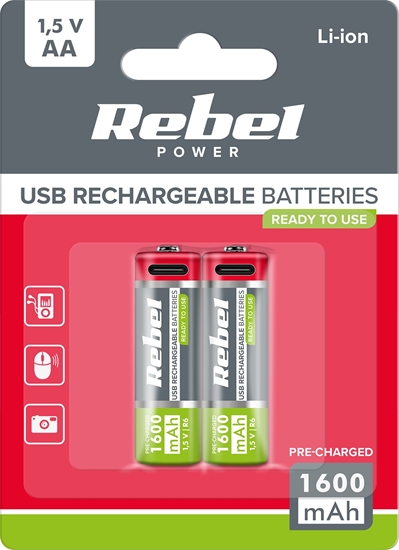 Изображение Rebel Akumulatorki REBEL AA, 1600 mAh, Li-ion,1,2V, 2szt/bl , R6 , gniazdo typ C
