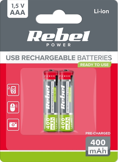 Изображение Rebel Akumulatorki REBEL AAA,400 mAh, Li-ion, 1,2V, 2szt/bl, R3, gniazdo typ C