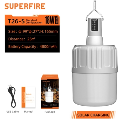 Изображение Saules/USB uzlādējama kempinga lampa Superfire T26-S, 500 lm | Akumulators 4800 mAh | Līdz 25 m2