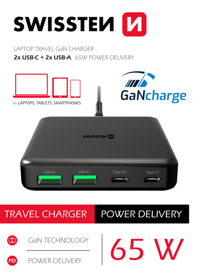 Picture of Swissten Desktop GaN Charger 2x USB-C / 2x USB / 65W