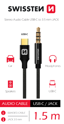 Attēls no Swissten Textile Audio Adapter USB-C / 3.5 mm / 1.5m