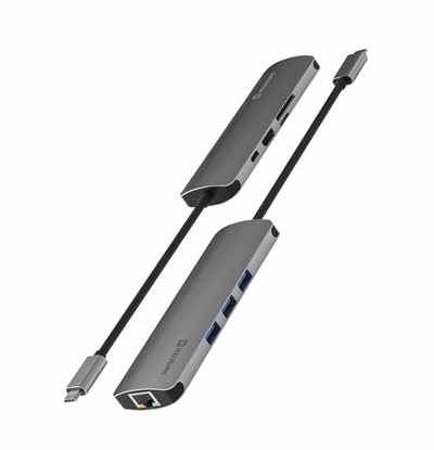 Attēls no Swissten USB-C Hub 8in1 with 3x USB 3.0 / USB-C Power Delivery / microSD / SD / HDMI 4K / LAN RJ45 / Aluminum body