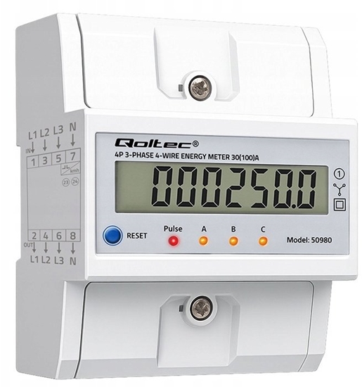 Picture of Trójfazowy elektroniczny licznik z resetem | miernik zużycia energii na szynę DIN | 400V | 100A | LCD | LED | 4P 