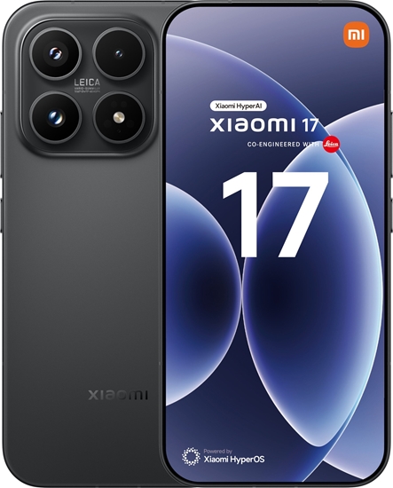 Picture of Xiaomi | 17 | Black | 6.3 " | LTPO AMOLED | 1220 x 2656 pixels | Qualcomm | Snapdragon 8 Elite Gen 5 (3 nm) | Internal RAM 12 GB | 256 GB | Dual SIM | 3G | 4G | 5G | Main camera resolution 50 MP | Secondary camera resolution 50 MP | Android 16, HyperOS 3 