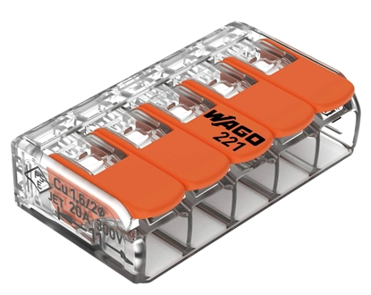 Attēls no 5-kontaktu spaile 221-415 1gb. Fine-stranded conductor : 0.14 … 4 mm² / 24 … 12 AWG