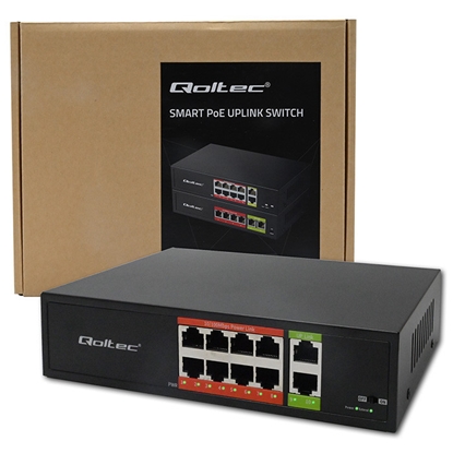 Picture of 8 portu FAST Ethernet PoE komutators | 8x RJ45 PoE | 2x RJ45 Uplink | 120W | 10/100 Mb/s | QOLTEC