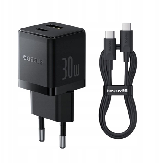 Picture of adowarka Baseus adowarka cienna Palm 30 W USB + USB-C QC3.0 PD3.0 z kablem USB-C 1 m czarny P1011160A113-01 (6932172677343)