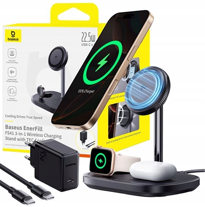 Attēls no adowarka Baseus adowarka indukcyjna Baseus EnerFill FS41 3w1 z chodzeniem z wtyczk EU 45W i kablem USB-C do USB-C - czarna