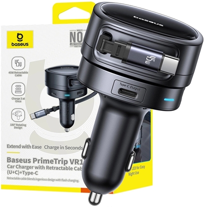 Attēls no adowarka Baseus adowarka samochodowa Baseus PrimeTrip VR1 60W USB-A USB-C ze zwijanym kablem USB-C - czarna