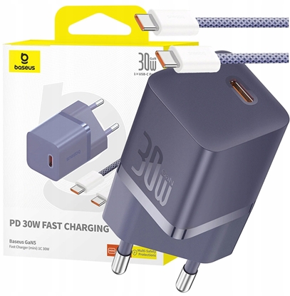 Attēls no adowarka Baseus adowarka sieciowa Baseus GaN5 30W USB-C EU z fioletowym kablem Baseus Dynamic 3 USB-C 100W 1m - fioletowa