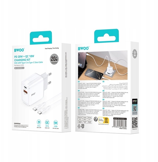 Picture of adowarka TelForceOne BWOO adowarka sieciowa CDA182 QC 38W 1x USB-A + 1x USB-C 3,8A z kablem USB-C 1 m biaa