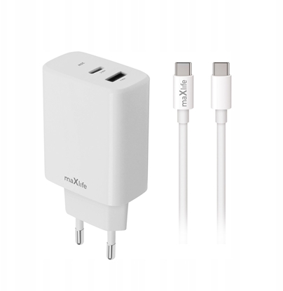 Изображение adowarka TelForceOne Maxlife adowarka sieciowa PD QC MXTC-10-20AC 1x USB-C 1x USB 20W biaa + kabel USB-C - USB-C 20W