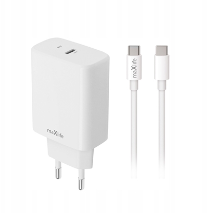 Изображение adowarka TelForceOne Maxlife adowarka sieciowa PD QC MXTC-10-20C 1x USB-C 20W biaa + kabel USB-C - USB-C 20W