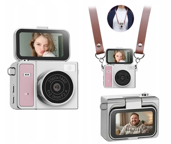 Изображение Aparat cyfrowy Xrec Mini Aparat Kamera Retro Video 2k Wisiorek Breloczek Obrotowy Ekran / Xrec X7 / Róowo - Szary