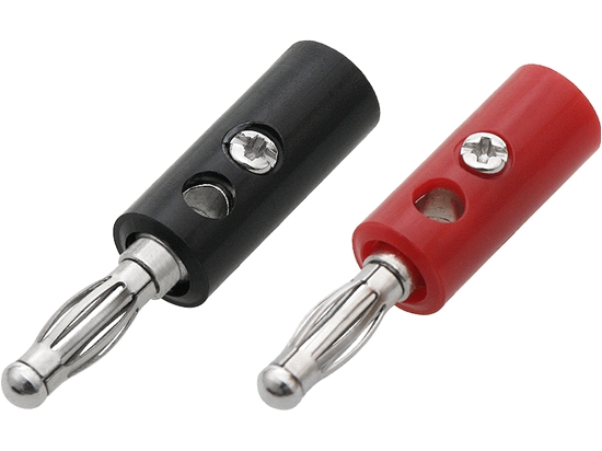 Изображение Banānu tipa spraudnis ar skrūvju savienojumu, sarkans un melns, plastmasas