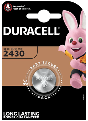 Attēls no CR2430 baterijas 3V Duracell litija DL2430 iepakojumā 1 gb.