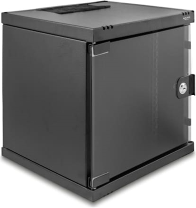 Picture of Delock 10″ Network Cabinet 6U with glass door for stand or wall mounting, 240 mm depth, load capacity 30 kg, 330 x 312 x 300 mm, black