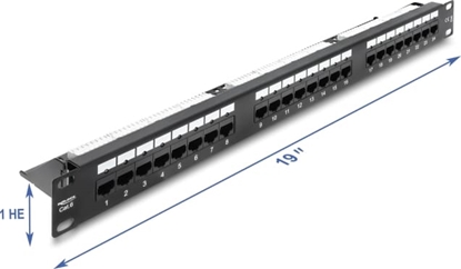 Picture of Delock 19″ 1U Patch Panel 24 port Cat.6 with LED and strain relief rail unshielded black