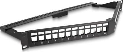 Изображение Delock 19″ Keystone Patch Panel 24 port with strain relief 1U angled black