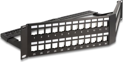Изображение Delock 19″ Keystone Patch Panel 48 port with strain relief 2U angled black