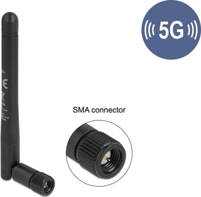 Picture of Delock 5G 3.3 - 5.0 GHz Antenna SMA plug -1.0 - 4.5 dBi 10.9 cm omnidirectional with tilt joint and flexible material black