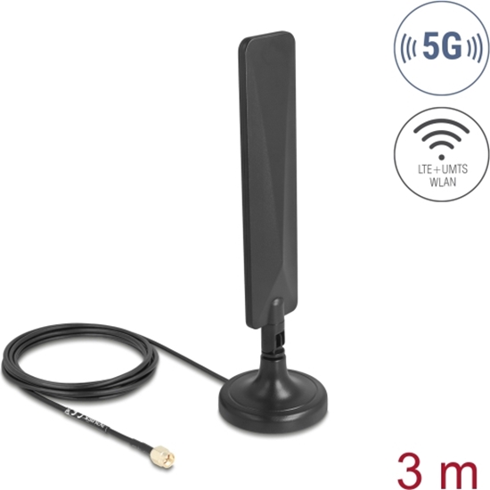 Picture of Delock 5G LTE Antenna SMA plug 3 dBi omnidirectional with connection cable RG-174 3 m with tilt joint with magnetic base black