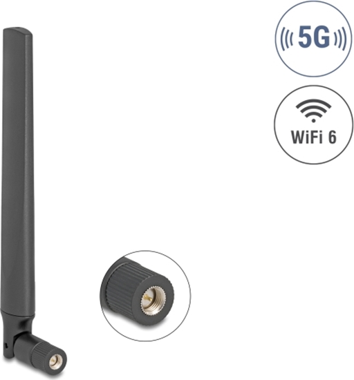Picture of Delock 5G LTE GNSS WiFi 6 Antenna SMA plug 0.9 - 4.1 dBi 183 mm omnidirectional with tilt joint black
