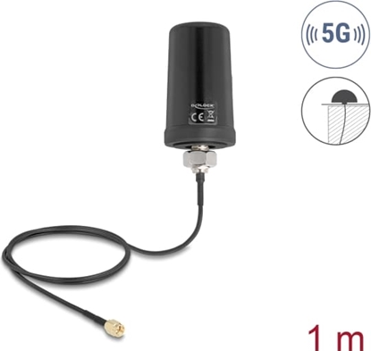 Attēls no Delock 5G LTE GNSS WiFi 6 Antenna SMA plug 1.1 - 4.0 dBi omnidirectional with connection cable ULA100 1 m roof mounting outdoor black