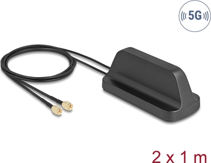 Attēls no Delock 5G LTE GNSS WiFi 6 MIMO Antenna 2 x SMA plug 2.1 - 3.0 dBi omnidirectional with magnetic base and connection cable ULA100 1 m outdoor black